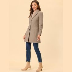 Be cozy in this warm winter coat which is cut with a notched lapel and versatile pockets for a feminine chic longline silhouette. Dress up the trench coat for an elegant chic look in Coffee shops, Shopping, Work, Office, Business, Weekend Gathering, Formal, and Outdoors in chilly winter. Simply pair it with sophisticated clutch bags and chic high-heeled shoes for an elegant look. Notched Outerwear For Office In Fall, Spring Long Coat For Office Wear, Notched Outerwear With Pockets For Fall, Notched Outerwear With Pockets For Business Casual, Spring Office Long Coat, Winter Notched Single-breasted Blazer, Fall Chic Notched Blazer Dress, Notched Single-breasted Blazer For Winter, Chic Notched Outerwear For Fall