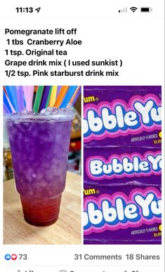 a purple drink with strawberries in it next to an image of bubbley bubbles