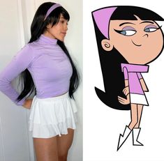 a woman with long black hair standing next to an image of cartoon character in purple