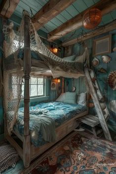 a bed in a room with blue walls and wooden beams on the ceiling, along with an old ladder