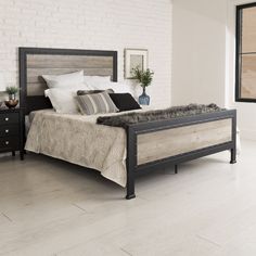 Rustic Home Queen Bed Bedroom Walker Edison Grey Wash Rustic Queen Bed, Rustic Industrial Design, Tall Headboard, Futuristic Furniture, Luxury Duvet Covers, Queen Size Bed, Metal Bed, Country Furniture, Grey Bedding