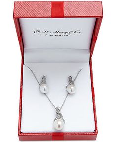 Macy's Cultured Freshwater Pearl (8 & 9mm) and Diamond Accent Pendant Necklace and Earrings Set in Sterling Silver or 14k Gold Over Silver - Macy's Bridesmaids Accessories, Red Gift Box, 2024 Christmas, Red Gift, Elegant Pendant, Necklace And Earrings Set, Freshwater Cultured Pearls, Jewelry Repair, Stud Earrings Set