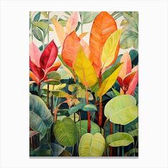 a painting of tropical plants and leaves