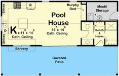 the floor plan for a pool house with two separate rooms and an attached kitchen area