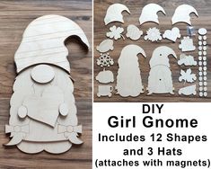 wooden cut outs with instructions for how to make girl gnomes