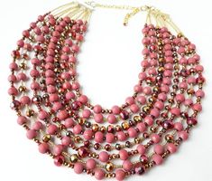 Rose pink necklace, mauve, gold, beaded, crystal statement necklace, bib necklace, multistrand Pink Multi-strand Jewelry With Faceted Beads, Pink Multi-strand Faceted Beads Jewelry, Elegant Rose Gold Jewelry With Colorful Beads, Pink Multi-strand Jewelry For Party, Pink Multi-strand Necklace For Parties, Elegant Pink Beaded Necklace With Gold Beads, Elegant Pink Necklaces With Gold Beads, Elegant Pink Necklace With Gold Beads, Elegant Pink And Gold Beads