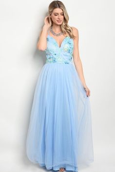 Sky blue maxiSweetheart necklineTulle overlayInner liningUpper bodice floral detailsAdjustable straps Best Evening Gowns, Salmon Skirt, Royal Closet, Blue Striped Skirt, Peach Blouse, Lace Sweatshirt, Maxi Gown, Beaded Gown, Blue Maxi