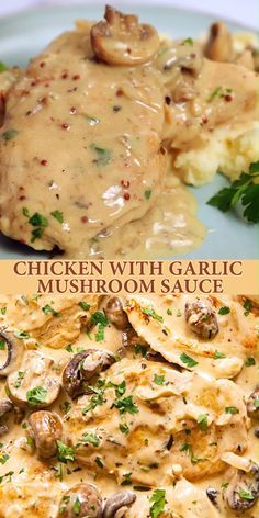 chicken with garlic mushroom sauce and mashed potatoes