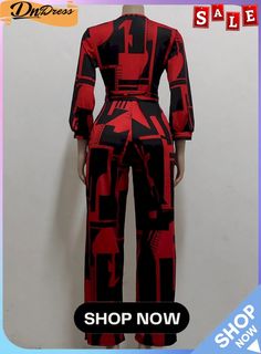 Autumn Red Print V-neck Elegant Wrap Jumpsuit Red Fitted V-neck Jumpsuit, Red V-neck Jumpsuit For Spring, Elegant Red Long Sleeve Jumpsuit, Casual Red V-neck Jumpsuits And Rompers, Red Long Sleeve Jumpsuits And Rompers For Fall, Red Jumpsuit For Workwear In Fall, Red Jumpsuit For Work In Fall, Casual Red V-neck Jumpsuit, Casual Red Jumpsuits And Rompers For Work