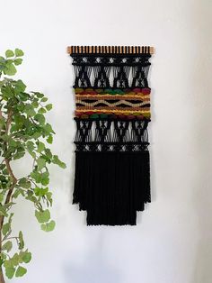 a wall hanging made out of black and multicolored yarn with fringes next to a potted plant