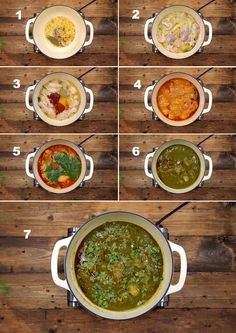 the steps to make a soup in a pot on top of a wooden table with different ingredients