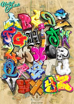 graffiti alphabets and numbers on an old paper background with grungy paint effect