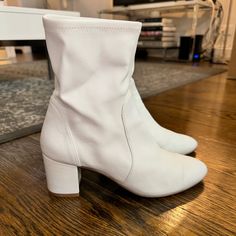 Slightly Worn Stuart Weitzman Yuliana Booties, Color Is White, Size 7. Comes With Sw Dust Bag! Very Comfy And Cute Shoes, I Just Don’t Wear Them Enough To Keep :/ They Look Wrinkly But Are Fine Once On Your Feet Or Can Be Steamed! Elegant Low Heel Heeled Boots For Spring, Spring Booties With Sculpted Heel, Elegant High Heel Spring Booties, Elegant Block Heel Boots For Spring, Elegant High Heel Booties For Spring, Chic Fitted Low Heel Booties, Elegant Heeled Ankle Boots For Spring, Elegant Fitted Booties With Low Heel, Elegant Spring Ankle Heeled Boots