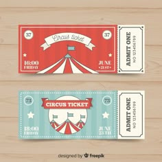 two circus ticket templates on wooden background