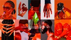 a collage of photos with different types of hands and body parts in orange tones