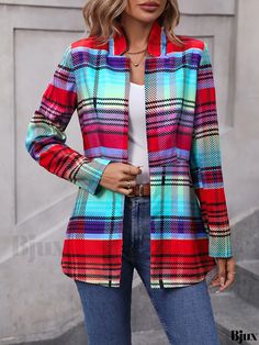 Bjux - Stylish Plaid Print Open Front Jacket for Women - Casual Long Sleeve Color Block Outerwear Multicolor Fall Outerwear With Pockets, Multicolor Fall Blazer With Lapel Collar, Winter Workwear Multicolor Blazer, Multicolor Outerwear With Lapel Collar For Spring, Multicolor Outerwear With Pockets For Work, Winter Multicolor Blazer For Workwear, Multicolor Blazer For Winter Workwear, Multicolor Lapel Collar Outerwear For Spring, Multicolor Blazer For Workwear In Winter