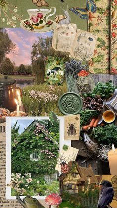 a collage with many different pictures and words on it, including flowers, trees, plants