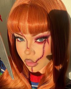 Chuky Halloween Costume Women, Chucky Makeup Look, Chucky Costume Makeup, Halloween Chucky Makeup, Chucky Outfit Ideas, Chuckie Makeup, Halloween Makeup Chucky