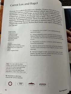 an open book with instructions on how to make carrot lox and bagel