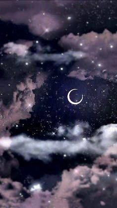 the night sky with stars and clouds in it, as well as a half moon