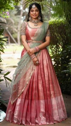 Lehanga Look For Reception, Half Lehenga Designs, Saree Lehnga Design Ideas, Lehanga Designs South Indian, Lengha Design From Saree, Traditional South Indian Lehangas, Ghagra For Engagement, Half Sari Designs, Silk Blouse Designs For Lehenga