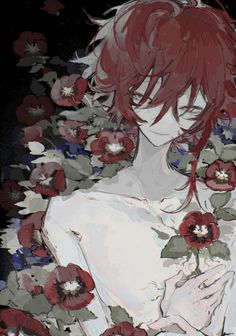 a woman with red hair and flowers around her shoulders, holding onto her chest while looking at the camera