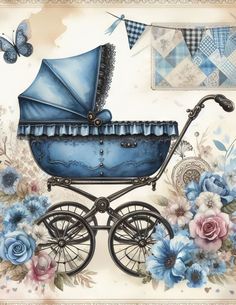 a painting of a baby carriage with blue flowers and butterflies on the wall behind it