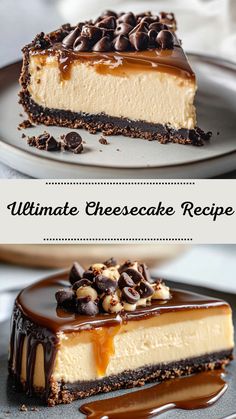 the ultimate cheesecake recipe with chocolate and caramel toppings is ready to be eaten