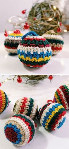 crocheted ornaments are displayed on a table