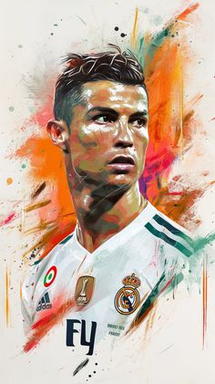 a painting of a soccer player with an intense look on his face and chest,