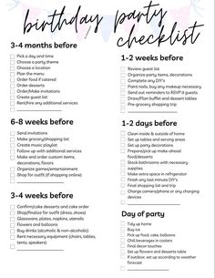 a birthday party checklist with balloons and confetti