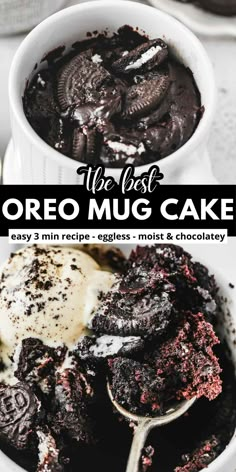 oreo mug cake in a white bowl with spoons on the side and text overlay that reads the best oreo mug cake