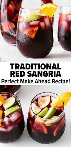 two glasses filled with red sangria and sliced fruit