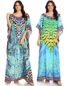 This lovely kaftan dress features a boat-neck and generous sleeve  openings. Also, nicely placed rhinestones around the neckline. This  garment is perfect for all body shapes, made with lightweight soft  opaque crepe fabric and colorful print. Patterned Maxi Dress For Beach Season, Beach Season Patterned Printed Maxi Dress, Patterned Printed Maxi Dress For Beach Cover-up, Patterned Printed Maxi Dress For Beach, Patterned Long Maxi Dress For The Beach, Patterned Long Maxi Dress For Vacation, Patterned Maxi Dress For The Beach, Bohemian Printed Maxi Dress For Vacation, Patterned Maxi Dress For Beach