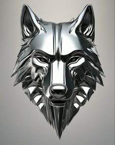 a metal wolf head on a gray background