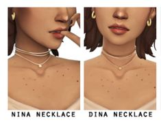 three different views of a woman's neck and chest with necklaces on it