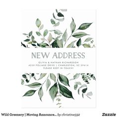 a business card with watercolor leaves and greenery on the front, in white