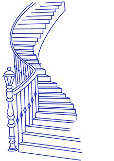 a blue line drawing of a spiral staircase with handrails and railing on the bottom