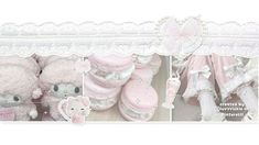 two pictures of stuffed animals in pink and white outfits with lace trim around the edges