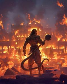 a man holding a ball in front of a fire filled sky with flames behind him