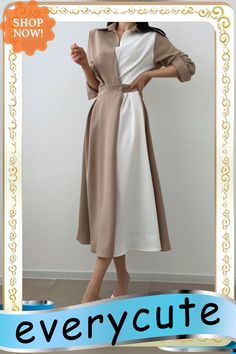 French Lapel Knee-length Dress Design In Summer Feels Contrast Color Stitching, A Button-down Waist Short Sleeve Dress for Women Elegant Patchwork Dress For Office, Elegant Patchwork Office Dress, Elegant Midi Dress With V-neck And Patchwork, Beige Long Sleeve Dress With Splicing, Elegant Patchwork Midi Dress For Work, Elegant Workwear Midi Dress With Patchwork, 50th Clothing, Puff Sleeve Dresses, Summer Feeling