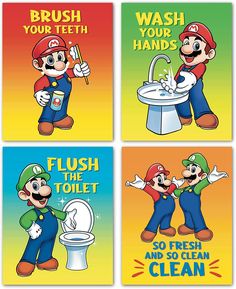 four different bathroom signs with mario and luigi on the same toilet, wash your hands, flush