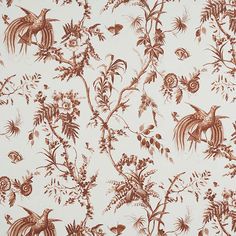 an old wallpaper with birds and flowers on white background, including red - brown leaves