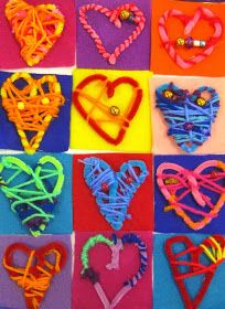 many different types of heart shaped objects on colorful squares with beads and string attached to them