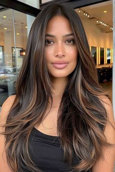 Colors For Brown Hair, Haircuts With Long Layers, Straight Hair Haircuts, Balayage Hair Caramel, Hairstyle For Long Hair, Hair Color Asian, Cortes De Cabello, Black Hair Balayage, Brown Hair Looks