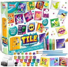 This DIY Craft Magnetic Tile painting set includes 24 tiles, 24 magnets, 12 standard paints, 6 metallic paints, 4 glitter glue, 32 gems, 48 stickers, 4 paintbrushes, 2 sponges, and an instruction booklet. Unique design & easy to use. Perfect personalized gift for kids aged 3+, school classroom art projects, classroom party favor, family crafts, gifts exchange, Christmas stocking stuffers, paint gifts, birthday parties. Premium quality. Child safe. Meet the US toy standard. Safety test approved. Tiles Art, Classroom Art Projects, Personalized Gifts For Kids, Family Crafts, Kids Diy, Diy Paint, Christmas Stocking Stuffers, Family Activity, Painting Gift