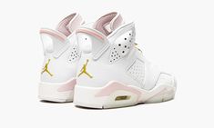 The Women’s Air Jordan 6 “Gold Hoops” is a women’s-only colorway of Michael Jordan’s sixth signature shoe that excels in versatility due to its neutral design.  Ideal for the summer months, the “Gold Hoops” displays luxurious gold accenting on various points of its design, specifically on the Jumpman-branded lace toggle, on the spoiler, and on the gold hoop earring-inspired Jumpman hang tag.  Crisp white leather overlays contrast the Sail-colored base.  Gold “Jordan” detailing can be found on th Gold Hoops Outfit, Womens Jordans, Air Jordan 6, Neutral Design, Jordan 6, Gold Hoops, Michael Jordan, Gold Hoop, Gold Hoop Earrings