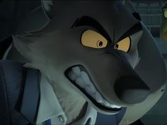 a close up of an animated animal with yellow eyes and black hair, wearing a suit