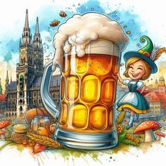 a cartoon character is holding a mug of beer in front of an image of a city