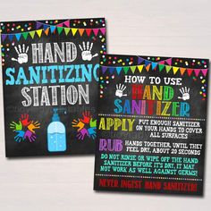 two hand sanitizing station cards on a white background with colorful confetti